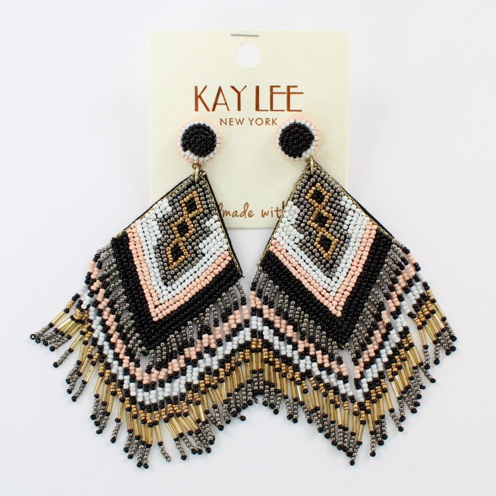 KAYLEE Seed Beaded Beautiful Fun Boho Black Pink Tribal Post Earrings Made ❤️ in